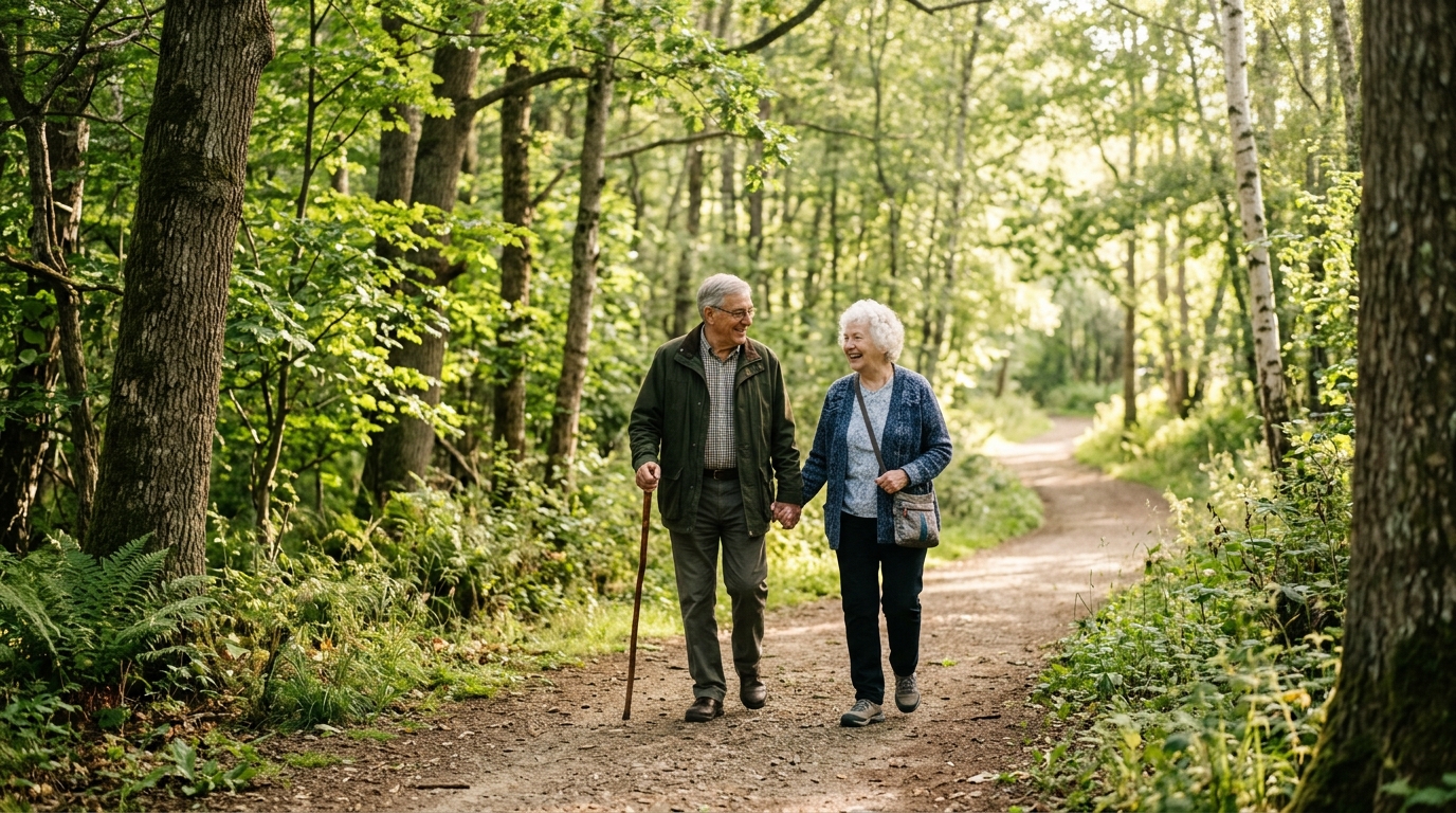 Idős pár reggeli sétán a parkban természetes környezetben
