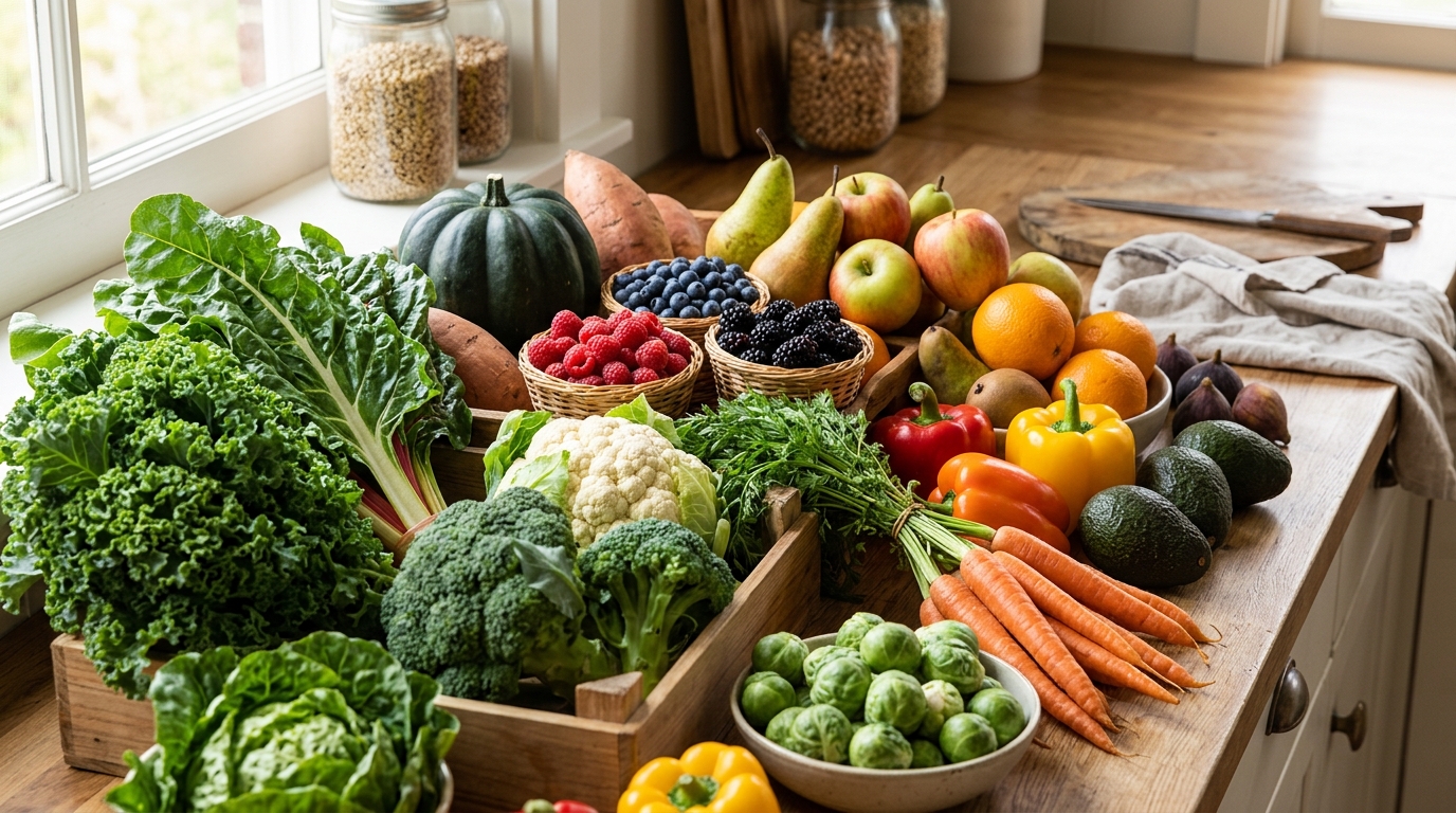 Friss zöldségek és gyümölcsök rostban gazdag ételekhez
